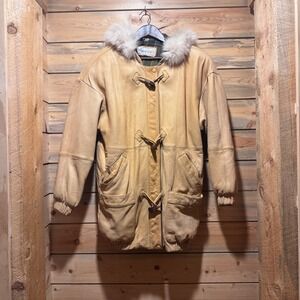 Vintage Baronesa Women's Tan Leather Duffle Coat Fox Fur Hood plaid Lined Sz 6